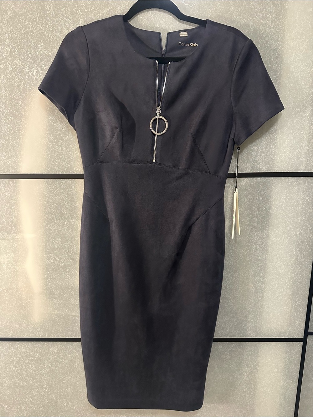 Calvin Klein blue suede  Short-Sleeve Sheath Midi Dress with Ring Zip Pull